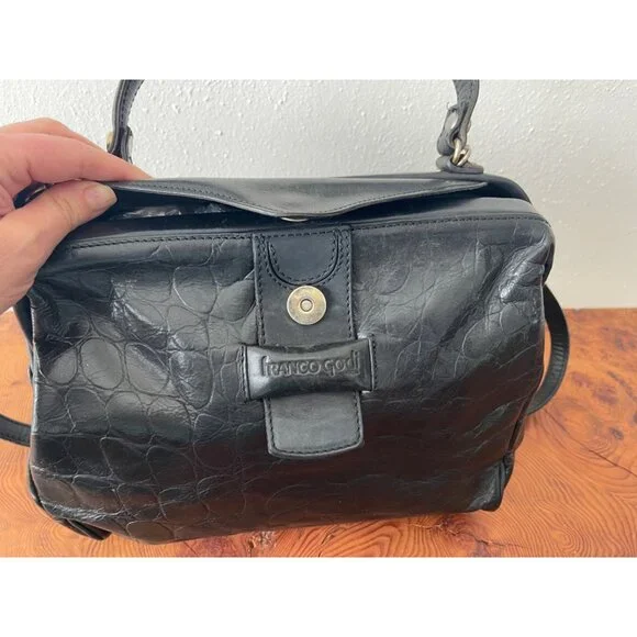 VTG Franco Godi Italia Black Crocodile Embossed Leather Satchel Style Handbag - Picture 13 of 16